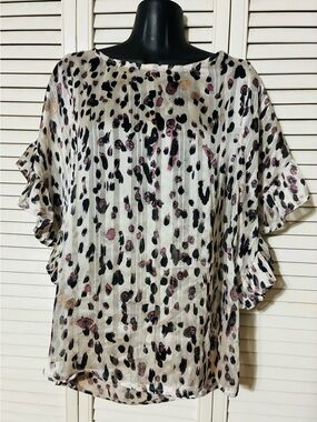 Umgee Leopard Print Ruffled Sleeve sheer blouse - pink, black, metallic accents